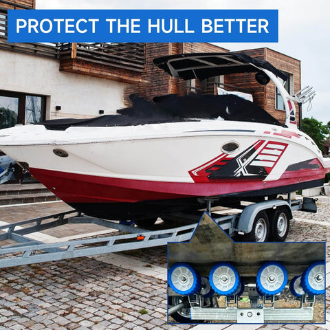 Boat Trailer Roller Kit With 5 Inch Outside Diameter Ribbed PU Wobble Roller for shafts, shown installed under a speedboat on a trailer.