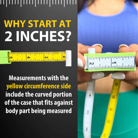 Body Tape Measure - 80 Inch Automatic Telescopic Tape Measure held for waist measurement, showing yellow circumference side, black case.