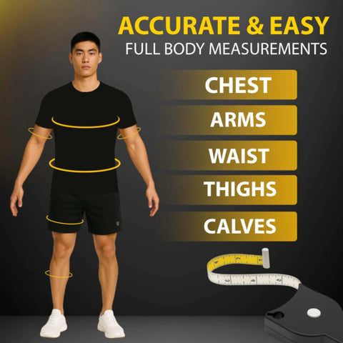 Man showcasing full body measurements with Body Tape Measure - 80 Inch Automatic Telescopic Tape Measure - Retractable Measuring Tape for Body: Waist, Hip, Bust, Arms, and More (Black - 80 inch).