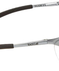 Side view of Bollé Silium Safety Eyewear with silver metal frame and anti-fog coated lenses, showing flexible temples.