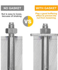 Comparison of bolt assembly without and with a durable galvanized square washer, highlighting improved secure fastening and load distribution.