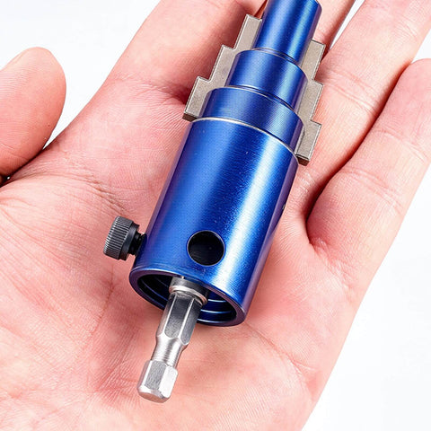 Close-up of a blue Bolt Extraction Drill Attachment with 95mm ergonomic hex shank for stripped bolts and seized valves.