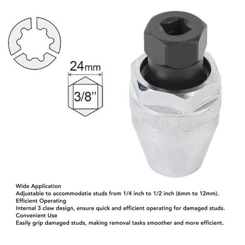 Heavy Duty Bolt Extractor And Stud Remover For Rusty Painted Bolts Three Eighths Inch Interface Get The Job Done Fast Fully Adjustable To Fit One Quarter To One Half Inch Studs Car Repair DIY Fix And Industrial Emergency Tool, silver metal tool close-up