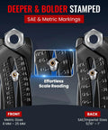 Front and back view of Bolt Size Finder Keychain Gauge for Bolts and Nuts SAE Five Sixteenth to One Inch and Metric 8 to 25 mm