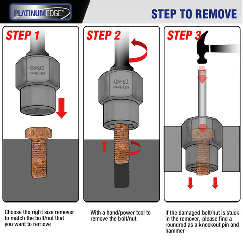 Impact Bolt And Nut Remover Set, 13 Pieces, Stripped Bolt Extractor Kit steps for removing rusted damaged bolts and nuts