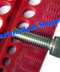 Red gauge tool with bolt, used for sizing in Bolt And Screw Gauge For Standard And Metric Coarse And Fine Diameters Lengths And Thread Pitch