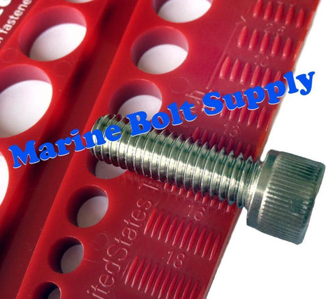 Red gauge tool with bolt, used for sizing in Bolt And Screw Gauge For Standard And Metric Coarse And Fine Diameters Lengths And Thread Pitch