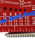Bolt And Screw Gauge For Standard And Metric Coarse And Fine Diameters Lengths And Thread Pitch, red plastic tool with a metal screw