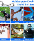 15 Pack Double Ended Bolt Snap Hooks Four Point Seven Inch Heavy Duty Zinc Alloy Clips With 220 Pound Load Capacity Ideal For Cat And Dog Leashes Horse Tack Feed Buckets Hammocks Outdoor Marine Use shown in various applications including dog leash, boating, sun shade sail, hanging, outdoor use, and attaching accessories.