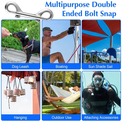 15 Pack Double Ended Bolt Snap Hooks Four Point Seven Inch Heavy Duty Zinc Alloy Clips With 220 Pound Load Capacity Ideal For Cat And Dog Leashes Horse Tack Feed Buckets Hammocks Outdoor Marine Use shown in various applications including dog leash, boating, sun shade sail, hanging, outdoor use, and attaching accessories.