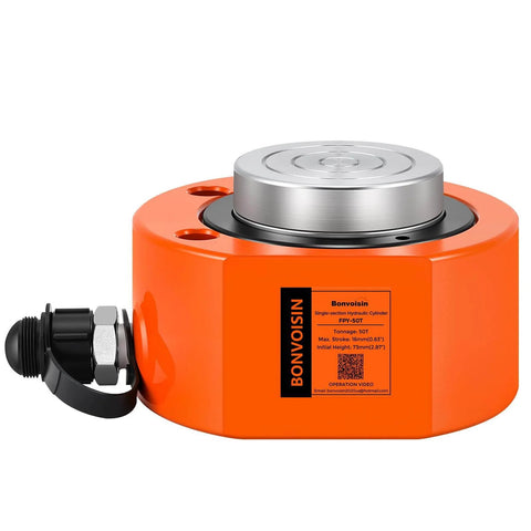 Heavy Duty Bonvoisin 50 Ton Hydraulic Ram Cylinder With 0.63 Inch Stroke Low Profile Porta Power Jack in orange steel