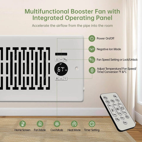 Smart 10 Speed Register Booster Fan For 4x10 Inch Registers With Thermostat Remote Control And LCD Smart Controller For Heating And Cooling Easy Install Quiet Vent Fan That Balances Room Temperature And Boosts Home Comfort wall-mounted