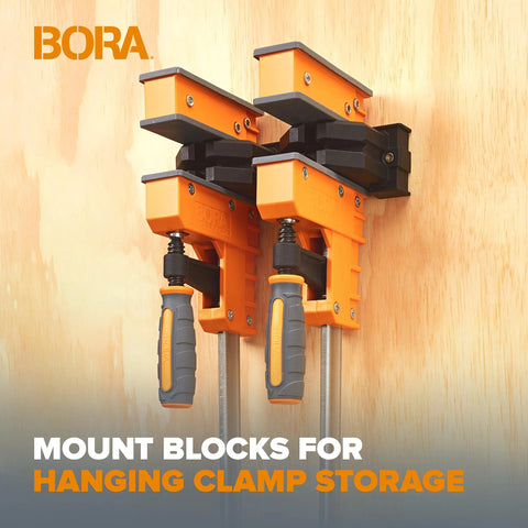 Parallel Clamp Block Set For Woodworking 4 Pack With Dual Channel Design mounted for storage on wall