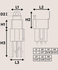 Diagram of 6 Pack 4 Pin 12V Bosch Style Fused Relay Switch Kit with measurements, 30A Fuse, 14 AWG Wires, Interlocking Harness Socket Holder.