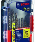 Bosch 14-Piece Cobalt M42 Drill Bit Set With Three-Flat Shank for stainless steel, in a clear plastic case, front view