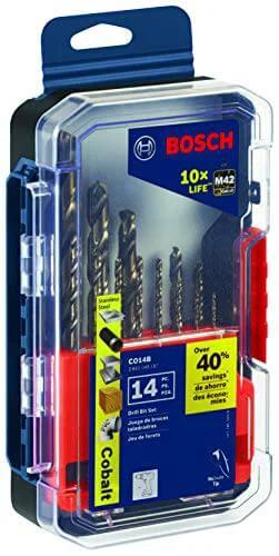 Bosch 14-Piece Cobalt M42 Drill Bit Set With Three-Flat Shank for stainless steel, in a clear plastic case, front view