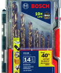 Bosch 14-Piece Cobalt M42 Drill Bit Set With Three-Flat Shank packaging showing drill bits and case