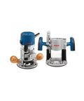 Bosch 1617EVSPK Combo Router with plunge and fixed base, featuring a 2.25 HP motor and quick clamp base swap, shown side by side.