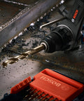 Bosch 14-Piece Cobalt M42 Drill Bit Set with Three-Flat Shank drilling into metal surface, showing close-up of drill bit and protective case.