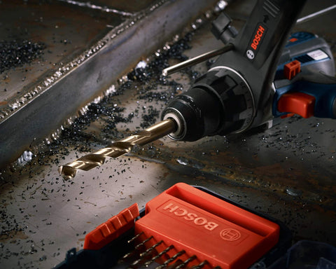 Bosch 14-Piece Cobalt M42 Drill Bit Set with Three-Flat Shank drilling into metal surface, showing close-up of drill bit and protective case.