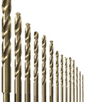 Bosch 14-Piece Cobalt M42 Drill Bit Set with Three-Flat Shank for Stainless Steel and Cast Iron, displayed in graduated sizes