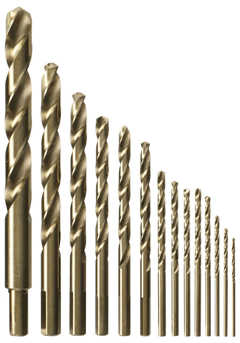 Bosch 14-Piece Cobalt M42 Drill Bit Set with Three-Flat Shank for Stainless Steel and Cast Iron, displayed in graduated sizes