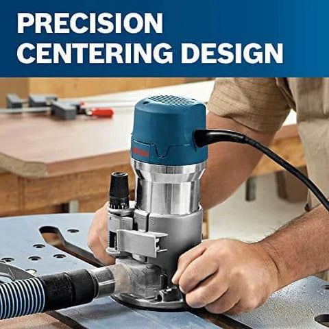 Craftsman using Bosch 1617EVSPK Combo Router With Plunge And Fixed Base, 2.25 HP Motor, precision centering design in workshop.