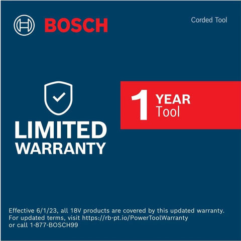 Bosch limited warranty card for corded tool, 1-year coverage, includes contact details and warranty terms.