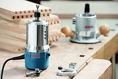 Fixed Base Router 2.25 HP 12 Amp Variable Speed 8000 to 25000 RPM for precise edge work on a workbench with accessories