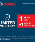 Bosch tool limited warranty details showing 1-year for tool and additional 1-year upon registration.