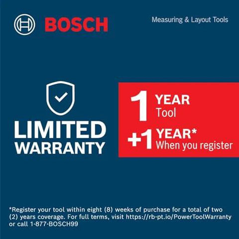 Bosch tool limited warranty details showing 1-year for tool and additional 1-year upon registration.