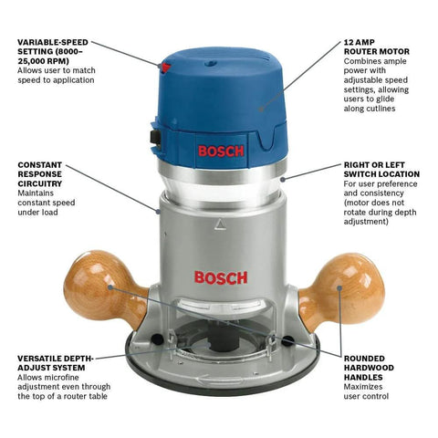 Fixed Base Router 2.25 HP 12 Amp Variable Speed 8000 to 25000 RPM with Bosch branding and wooden handles for precise woodworking