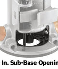 Close-up of 1617EVSPK Combo Router with Plunge and Fixed Base, showcasing 2 in. sub-base opening for precise woodworking.