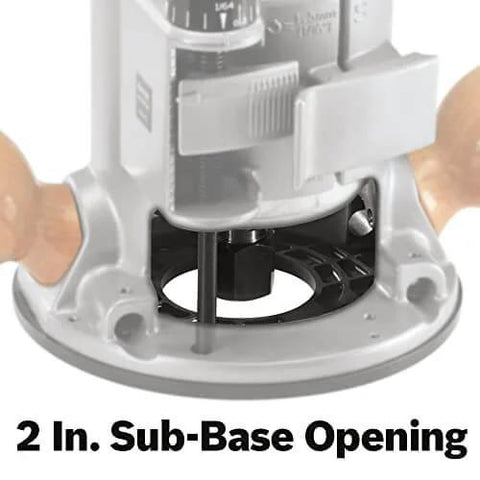 Close-up of 1617EVSPK Combo Router with Plunge and Fixed Base, showcasing 2 in. sub-base opening for precise woodworking.