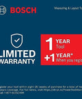 Product warranty details for Bosch measuring and layout tools; 1-year tool warranty plus 1-year with registration.