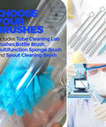 Long Handle Bottle Cleaning Brush Set For Narrow Neck Bottles And Decanters Tubes Spouts Lids shown in lab and kitchen use