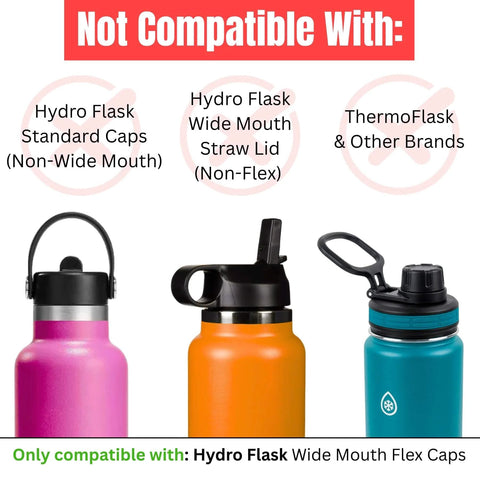 Image showing incompatible caps for Hydro Flask Replacement Lid Gasket O Rings, including non-wide mouth and ThermoFlask.