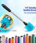 14-inch bristle bottle brush with long handle for metal bottles, part of Long Handle Bottle Cleaning Brush Set For Narrow Neck Bottles And Decanters Tubes Spouts Lids
