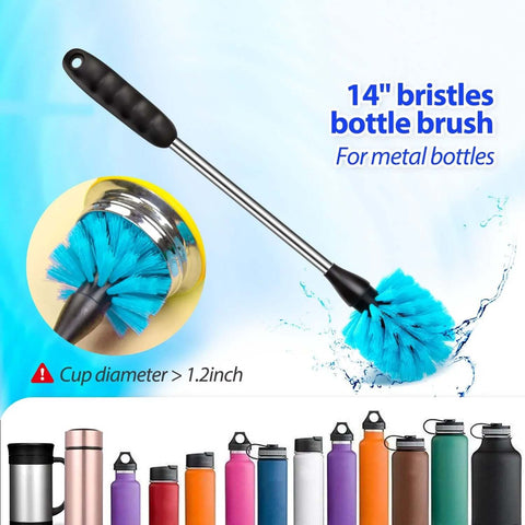 14-inch bristle bottle brush with long handle for metal bottles, part of Long Handle Bottle Cleaning Brush Set For Narrow Neck Bottles And Decanters Tubes Spouts Lids