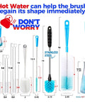 Long Handle Bottle Cleaning Brush Set For Narrow Neck Bottles And Decanters Tubes Spouts Lids in various sizes with measurements