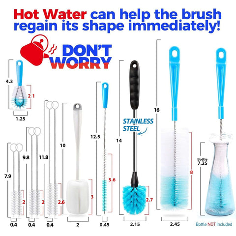 Long Handle Bottle Cleaning Brush Set For Narrow Neck Bottles And Decanters Tubes Spouts Lids in various sizes with measurements