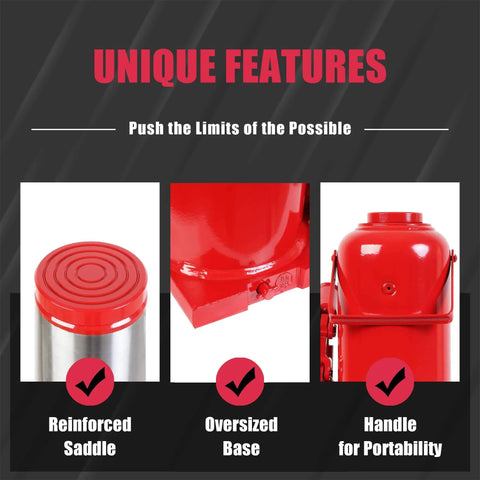 Features of Ultra Duty 50 Ton Hydraulic Bottle Jack With Welded Steel Construction for Home Shop and Commercial Use, Model T95007 Big Red
