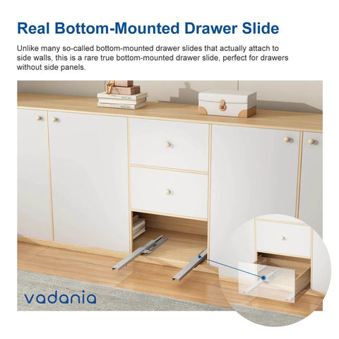 Installed 14" Undermount Drawer Slide with Soft Close, Bottom Mounted & Bottom Support, 88 lb Load Capacity, 3-Fold Full Extension