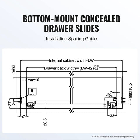 Installation spacing guide for 10 Pairs 15 18 21 Inch Soft Close Bottom Mount Drawer Slides With Heavy Duty Ball Bearing Full Extension Steel Tracks Noiseless Guide Glides Cabinet Kitchen Runners With Locking 100 Lbs Capacity