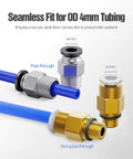 Push To Connect Bowden PTFE Tube Fittings PC4 M10 And PC4 M6 for 3D printers with blue tubing, showing leakproof connectors