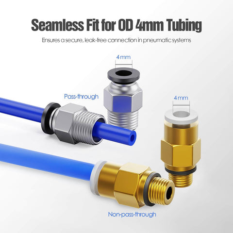 Push To Connect Bowden PTFE Tube Fittings PC4 M10 And PC4 M6 for 3D printers with blue tubing, showing leakproof connectors