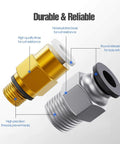 Push To Connect Bowden PTFE Tube Fittings PC4 M10 And PC4 M6 for 3D printers, showing brass and nickel-plated design details.