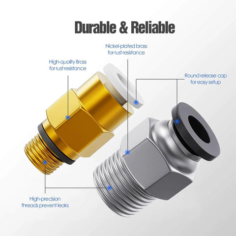 Push To Connect Bowden PTFE Tube Fittings PC4 M10 And PC4 M6 for 3D printers, showing brass and nickel-plated design details.