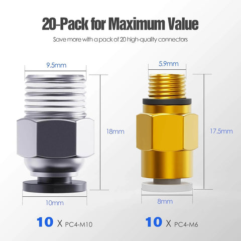 Push To Connect Bowden PTFE Tube Fittings PC4 M10 And PC4 M6 For 1.75mm Filament Quick Fit Pneumatic Couplers 20-piece set