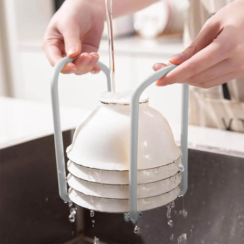 Hands holding 2 Pcs Bowl Rack for Kitchen Cutlery, Retractable Plastic Dish Rack with stacked bowls under running water